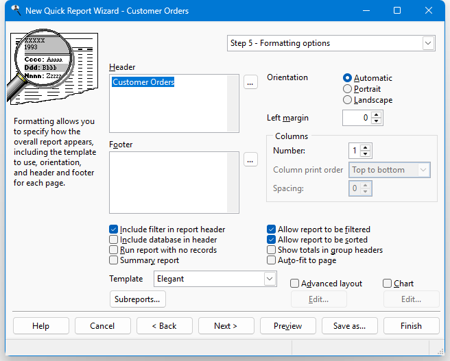 Step 5: Formatting Options (Quick Report) - Stonefield Query